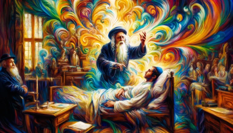 DALL·E 2024-06-18 13.00.39 - A vibrant, colorful impressionist painting of an ancient elderly Jewish sage performing an exorcism on a younger man lying in bed