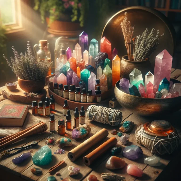 Detailed still life depicting a variety of tools and crystals used in holistic healing practices, all thoughtfully arranged on a wooden table