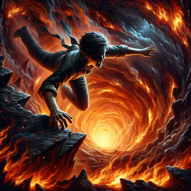 Illustrate a scene where a young man is falling into the pit of hell, but unlike the previous images, this one captures his desperate attempt to climb