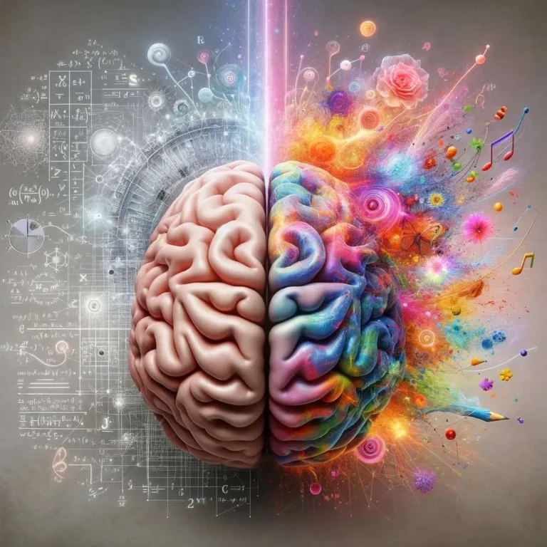Image of a human brain, with each half vividly illustrating its functions
