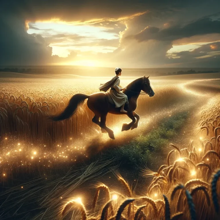 Imagine an ancient scene where a young Jewish boy is riding a horse swiftly through a magical wheat field
