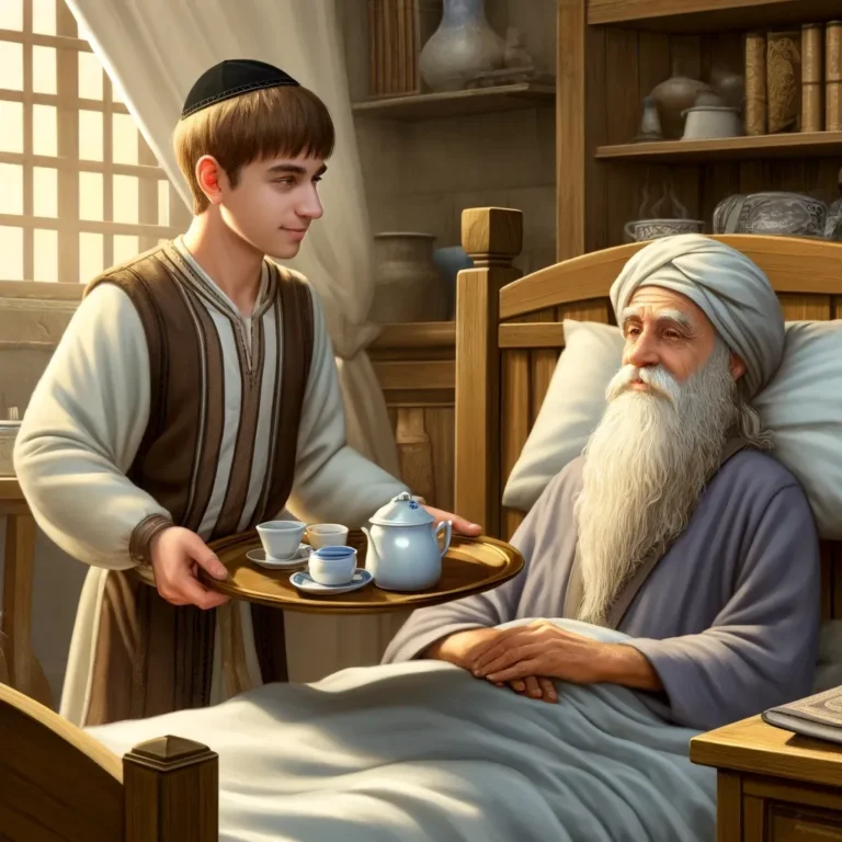 Jewish young man with short hair and small sidelocks serving coffee to an old sage lying in bed in his house