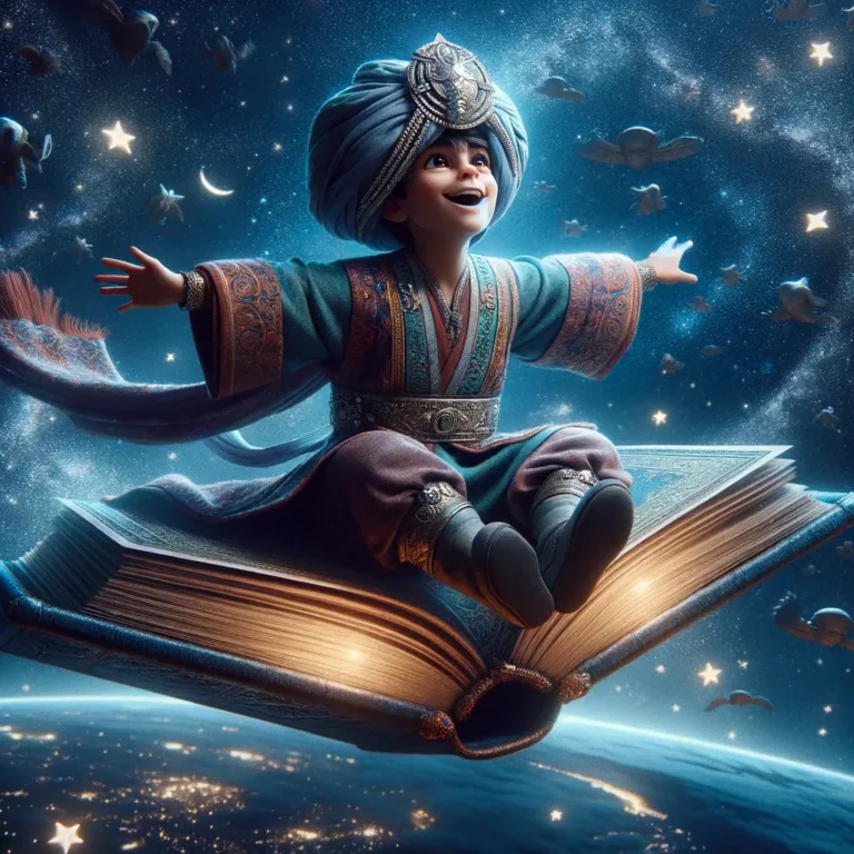 Reimagine the previous scene with a slight modification_ the ancient boy, still dressed in his elegant royal garb and joyfully riding atop the giant,