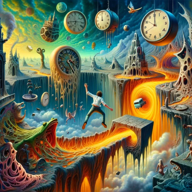 The scene of the young man falling into the pit of hell through the lens of Surrealism, where the boundaries between reality and imagination