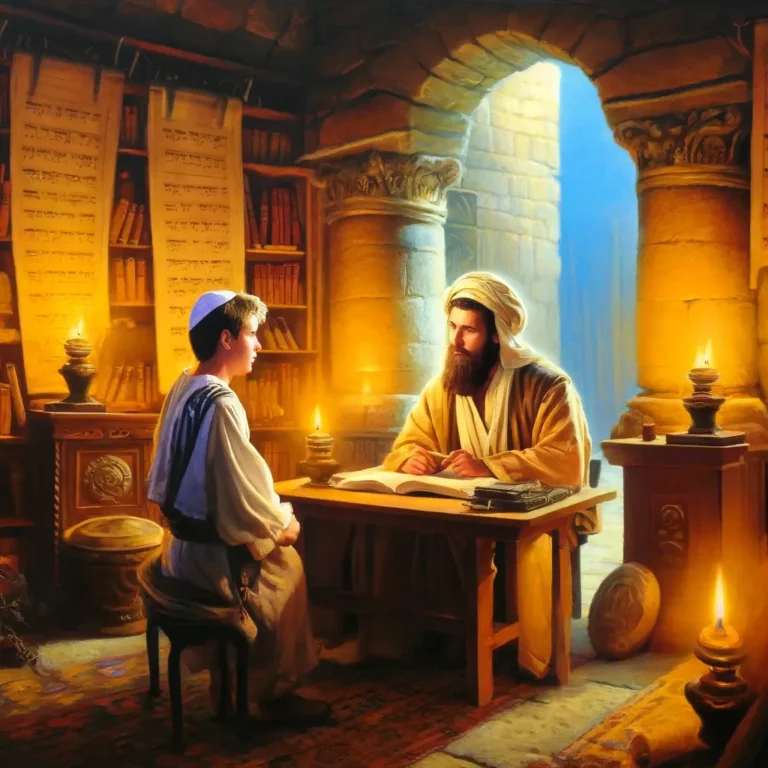 an ancient setting reimagines the heartfelt moment between a young Rabbi and a young man seeking guidance as an acrylic painting