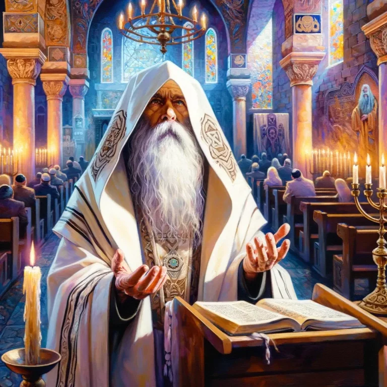 ancient Jewish sage dressed in white robes, with a long beard, is standing in prayer at a synagogue. The sage is wearing a hood over his head