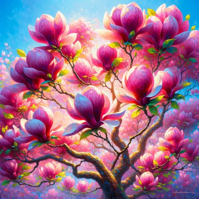 vibrant, colorful oil painting of a pink magnolia tree in full bloom