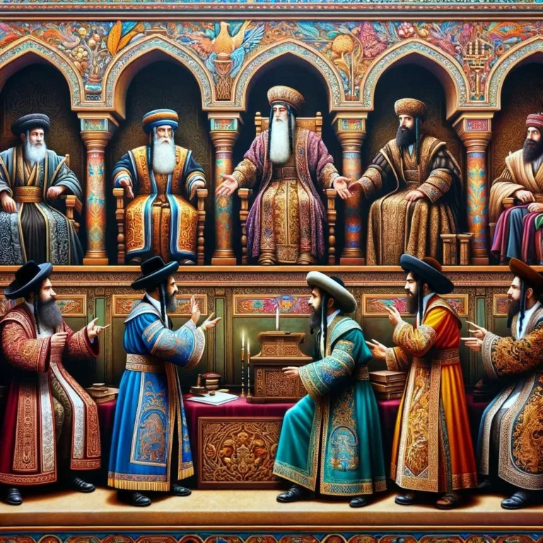 A colorful and realistic image of an ancient Jewish courtroom scene, with all three judges and the disputing individuals wearing traditional Sephardic