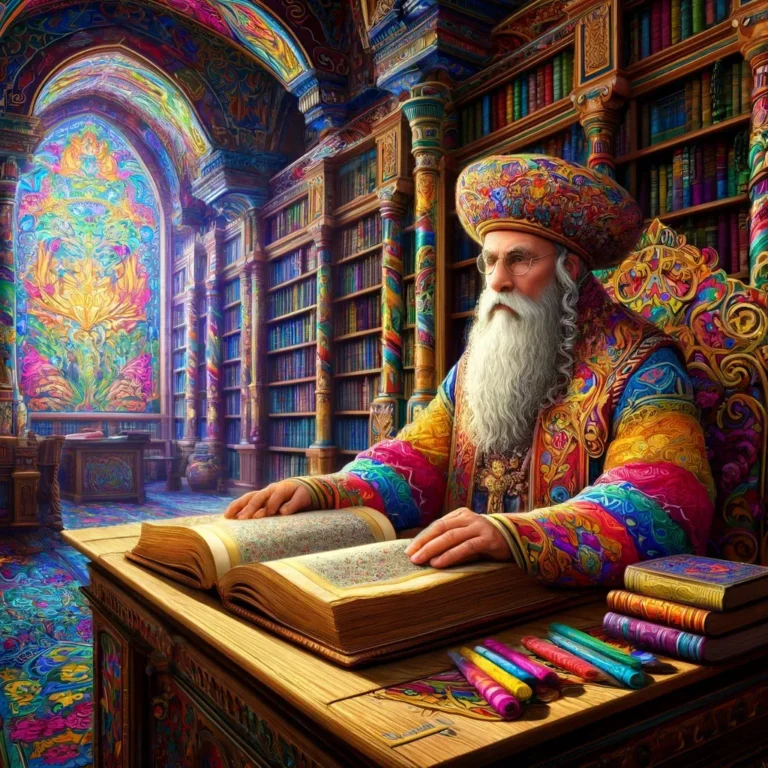 A colorful rendition of an ancient Jewish sage, with a long white beard and vibrant traditional robes, sitting at a wooden desk in a richly decorated