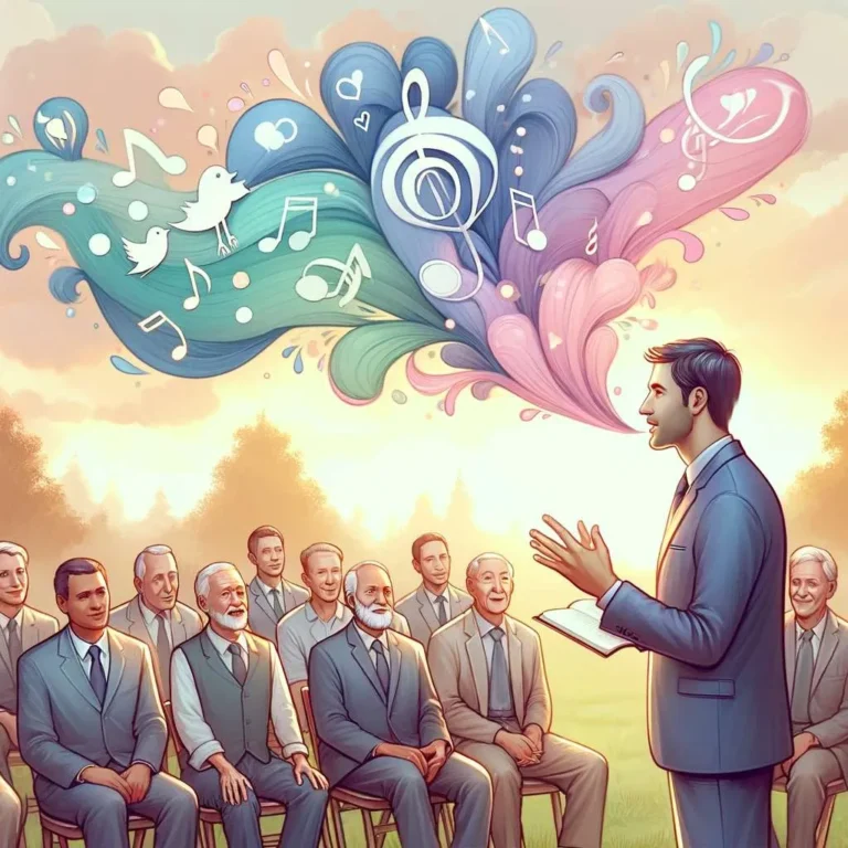 A concept image depicting the power of speech in a harmonious and gentle manner, similar to the previous images, but with only men in the pictu