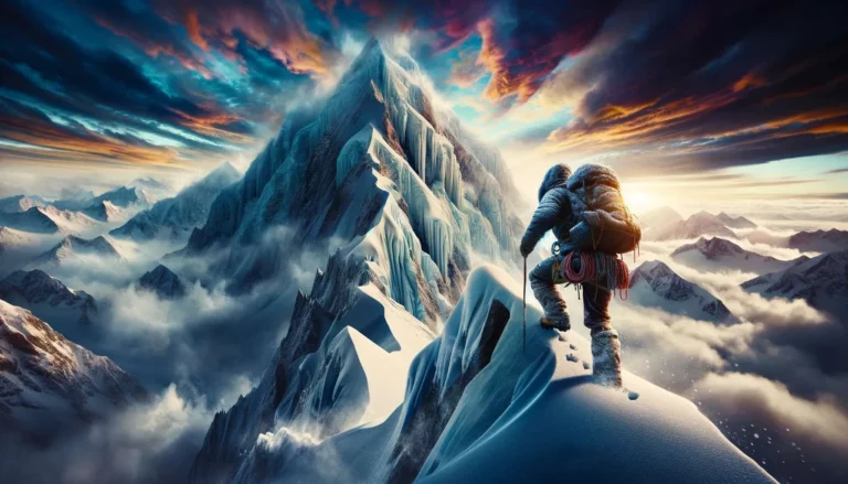 A concept image of a man climbing to the top of a snowy mountain, designed to be epic, colorful, realistic, and filled with details