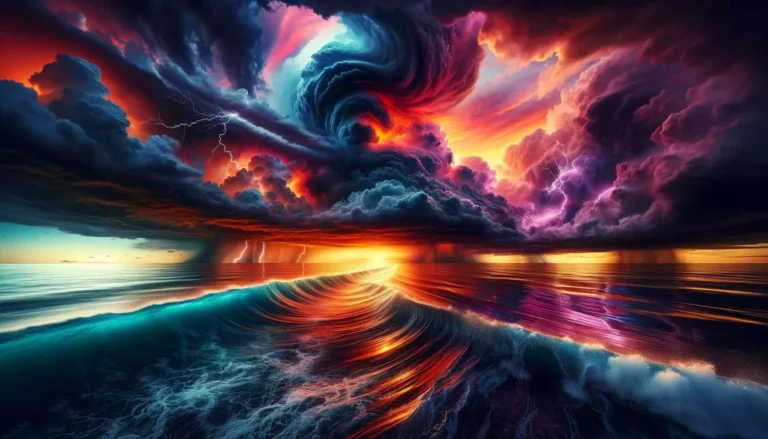 A concept image of a storm brewing in the sky during sunset, above the ocean. The scene is epic, colorful, and slightly intimidating