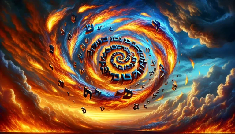 A concept image showing Hebrew letters floating in the sky, caught in a mesmerizing whirlwind of fire