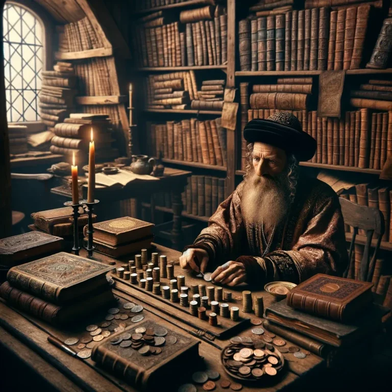 A cozy, book-lined office, the ancient rabbi, adorned with his small dignified turban, is seated at a wooden table, deeply engaged in counting coin