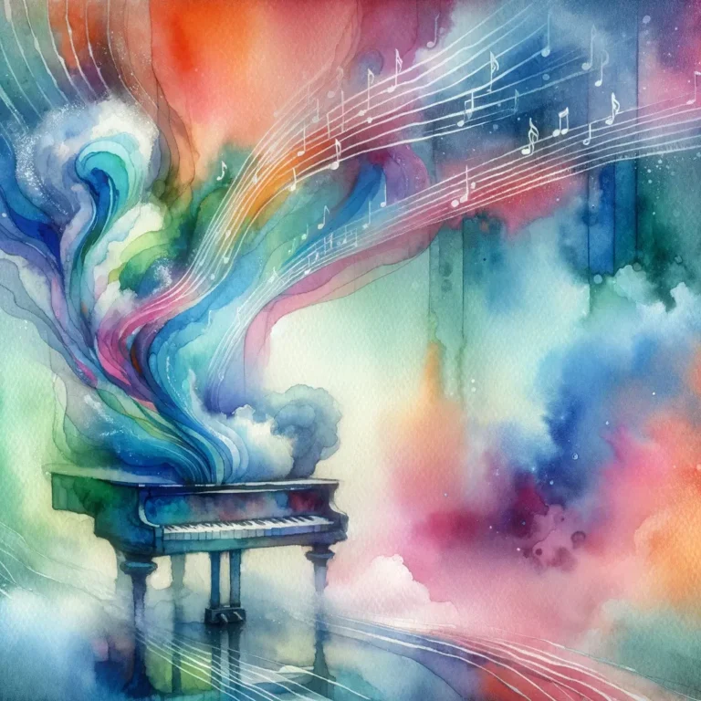A delicate and ethereal watercolor scene that beautifully blends the themes of music and color