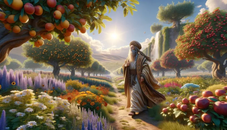 A detailed, realistic 8k landscape image of an ancient Jewish sage walking through a vibrant orchard