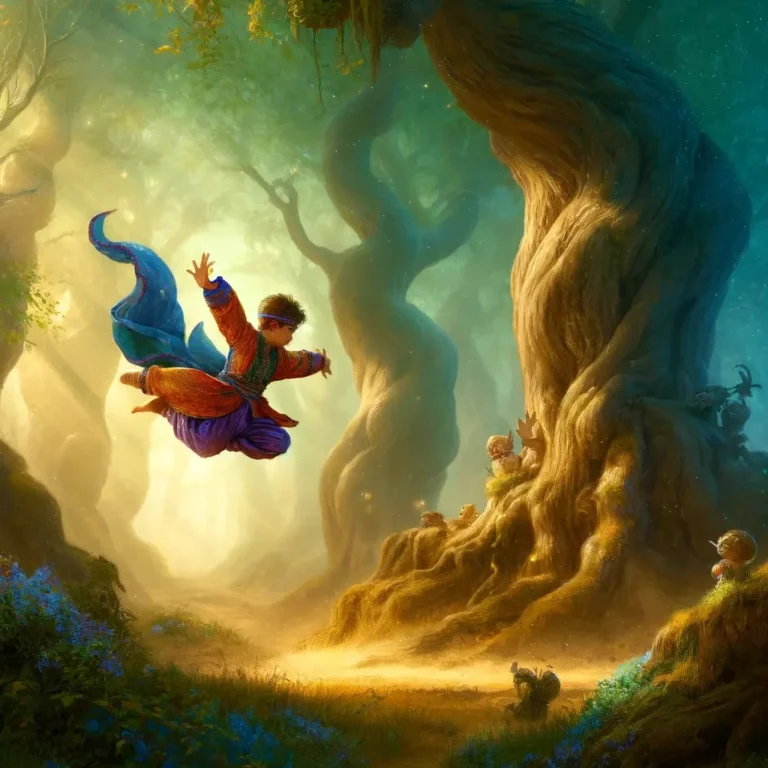 A fantasy-style digital painting of an ancient Jewish kid, dressed in traditional biblical attire, performing a summersault in a mystical forest