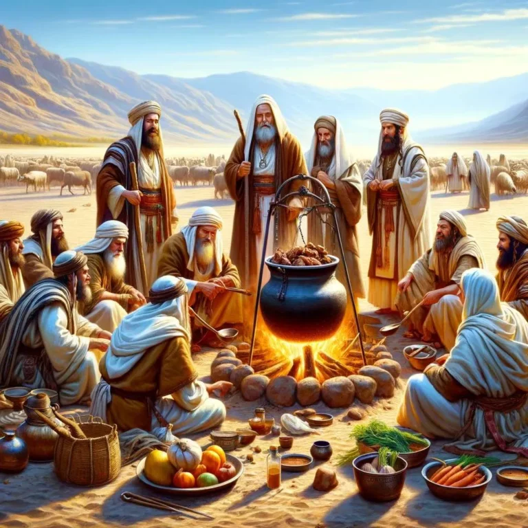 A group of holy, religious Jews from ancient times, realistically and colorfully depicted, preparing a pot roast together in the middle of the desert