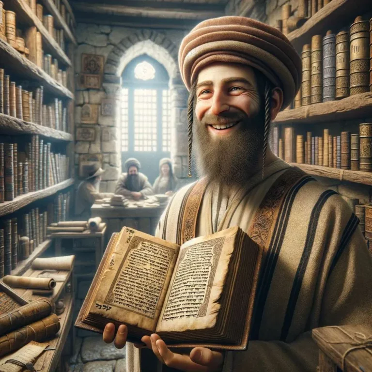A highly detailed and hyper-realistic square image (1_1) of an old Jewish book seller from ancient times, now smiling warmly and holding an open book
