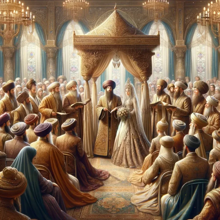 A highly detailed and realistic digital painting of an ancient Jewish wedding, with every participant dressed in luxurious royal attire, includ
