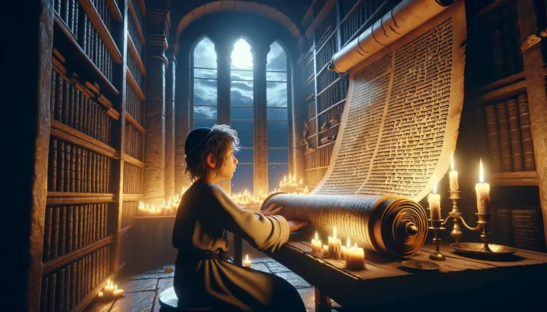 A hyper-realistic and highly detailed image portraying an ancient Jewish boy learning inside a library at night, illuminated by candlelight