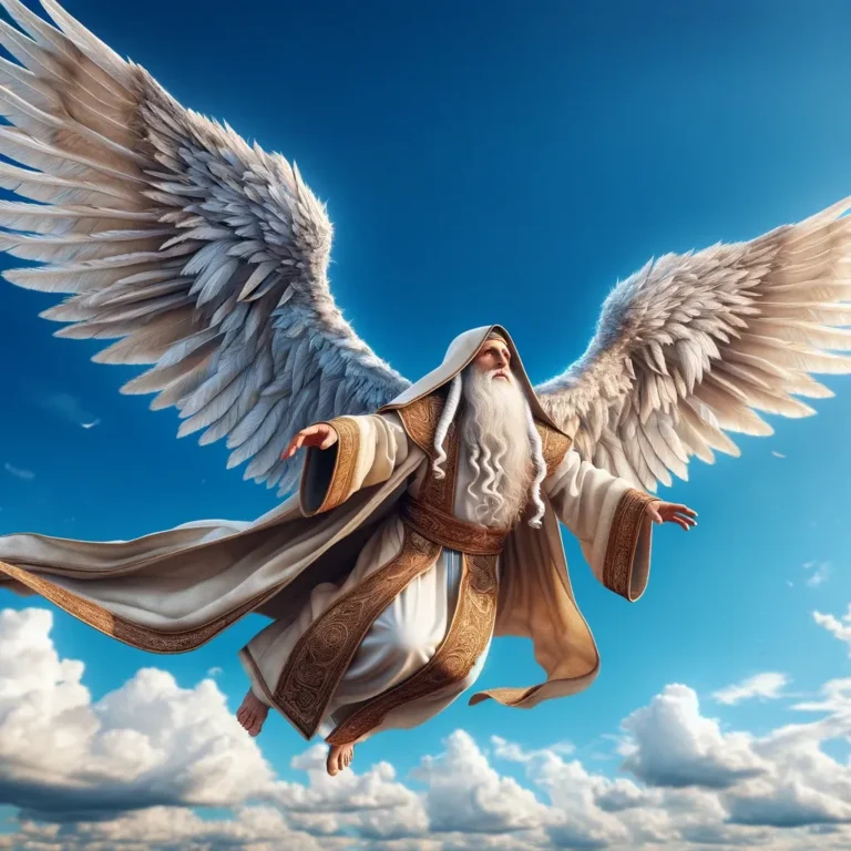 A majestic ancient Jewish prophet, adorned in traditional robes with a hood covering his head, and now equipped with large, shiny white wings