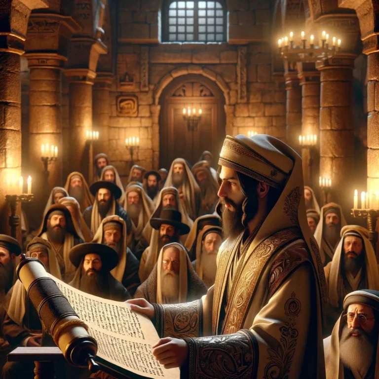 A more focused scene within the ancient synagogue during Purim, where one reader stands at the forefront, holding the Scroll of Esther aloft i