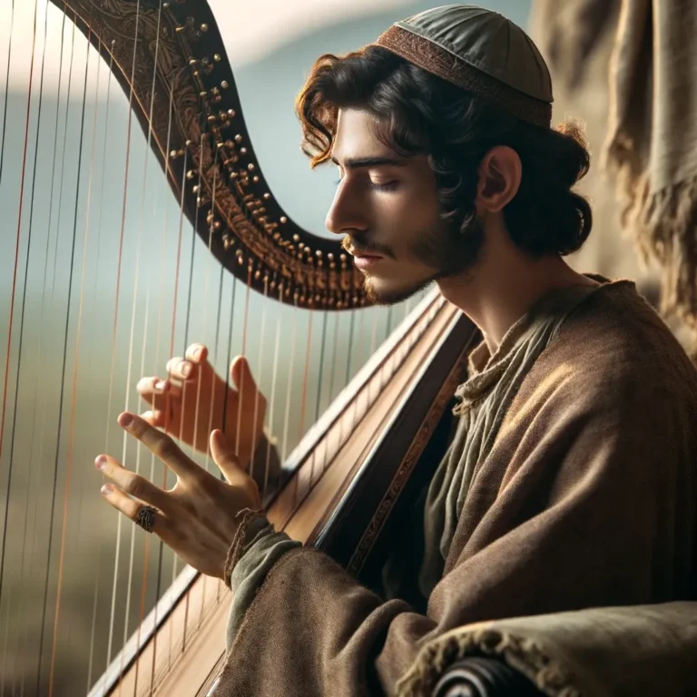 A portrait of a young, ancient Jewish man playing the harp in a serene, historical setting