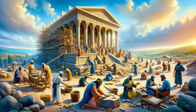 A realistic and detailed depiction of ancient Jewish workers building the Holy Temple of Solomon