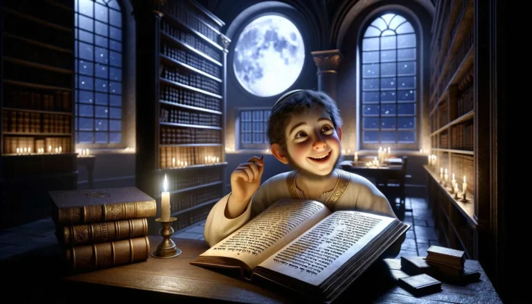 A revised, hyper-realistic image showing an ancient Jewish boy inside a library at night, learning from a regular book and smiling