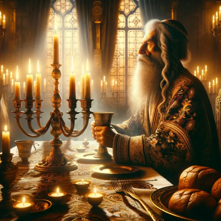 A scene depicting an ancient Jewish elder in a moment of solemn celebration, surrounded by a mystically lit Shabbat table