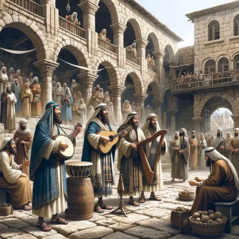 A scene in ancient Jerusalem, depicting a group of four Jewish musicians performing in a bustling plaza