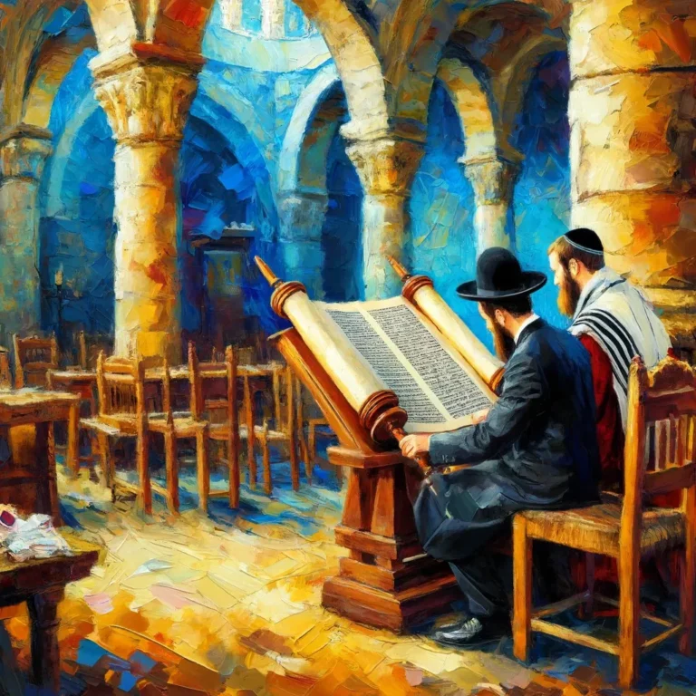 A scene of two young Jewish men studying the Torah in an ancient synagogue, depicted in an acrylic painting style