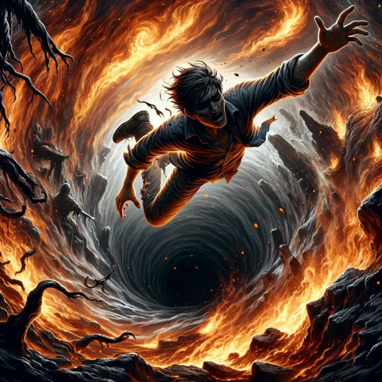 A scene where a young man is falling into the pit of hell, but unlike the previous images, this one captures his desperate attempt to climb