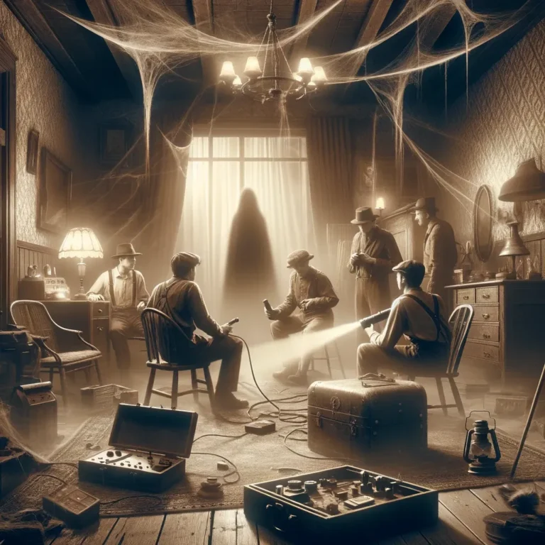 A sepia-toned image depicting a paranormal investigation scene