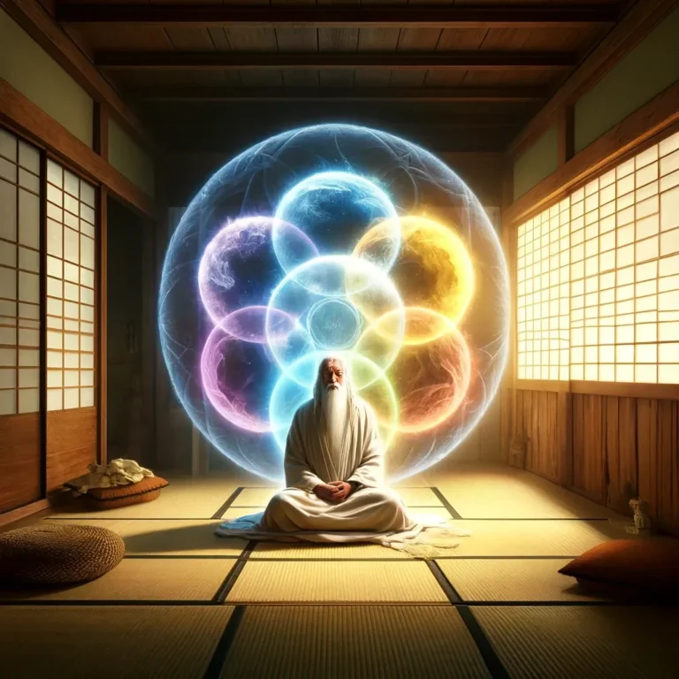 A serene scene where an ancient Jewish man in white robes meditates within a traditional Japanese house