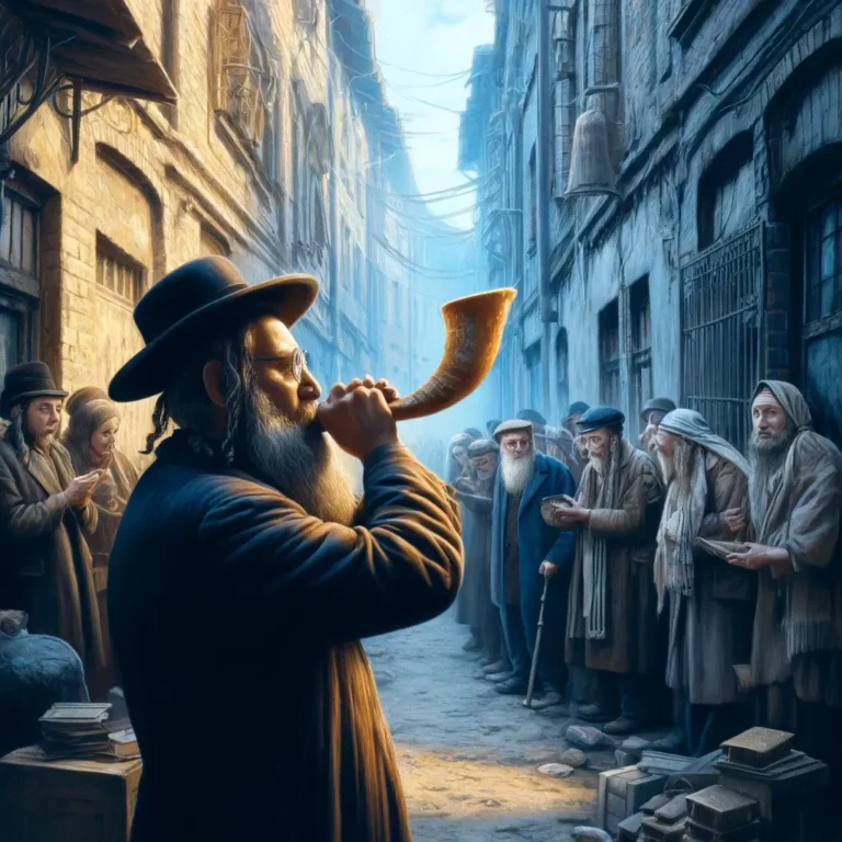 A sorrowful and dramatic scene in a Jewish ghetto, depicting a Jewish man blowing a shofar