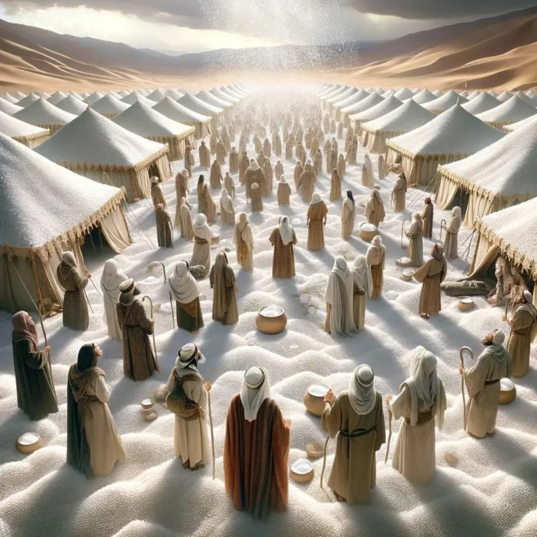 A top-down view of a biblical scene where Manna is raining from heaven onto an Israelite camp in the desert, with the Manna resembling snow