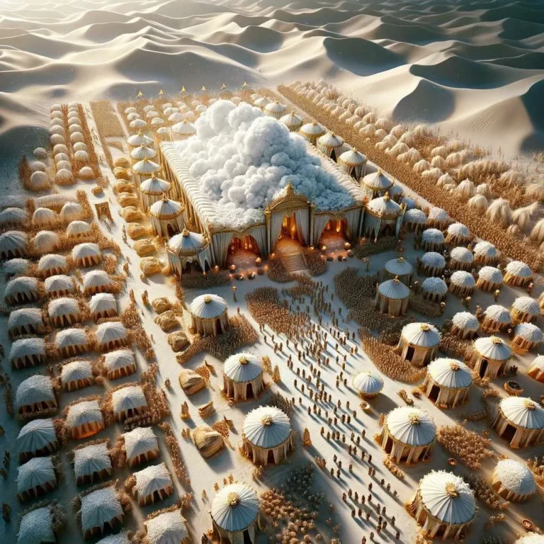 A top-down view of a majestic scene depicting the biblical event of Manna raining from heaven onto an Israelite camp in the desert, where the Manna lo