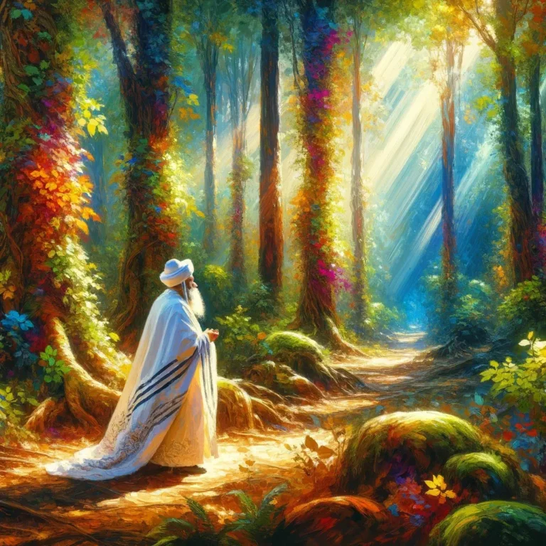A variant of the scene with an ancient Jewish sage wearing a white robe and a small white turban, walking and praying in a lush, vibrant forest