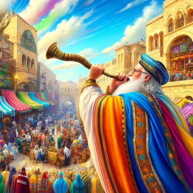 A vibrant depiction of an ancient Jewish sage in colorful, ornate robes, blowing a shofar in the center of a bustling, colorful market plaza in Jerusa