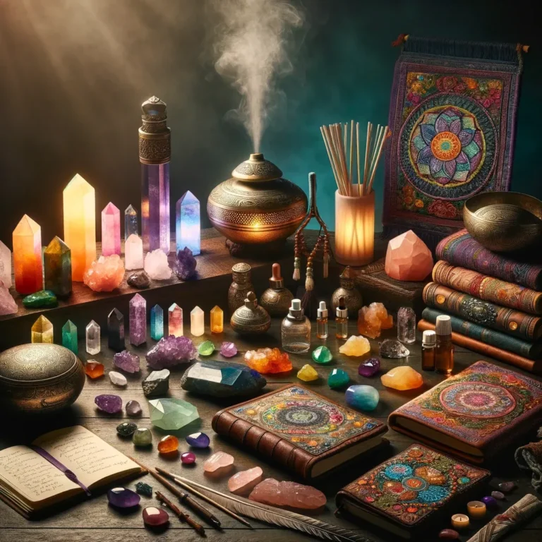 A vibrant still life showcasing a diverse collection of objects and tools associated with holistic healing practices, distinct from the previous arran