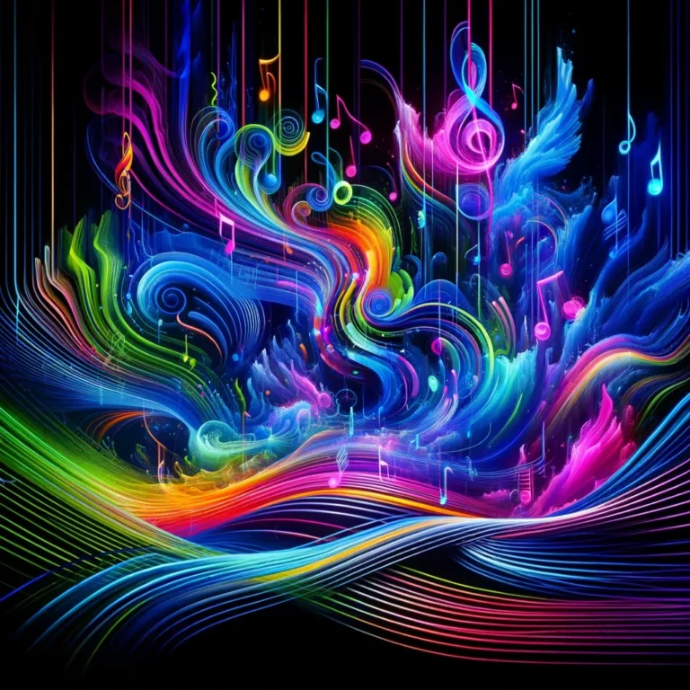 A vivid and colorful abstract representation of music patterns, where bright colors like electric blue, neon pink, and lime green swirl and in