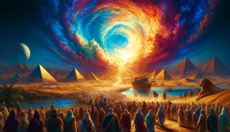 A vivid and fantastical depiction of the Exodus from Egypt, featuring a massive, colorful crowd of Israelites in ancient attire, walking through a des