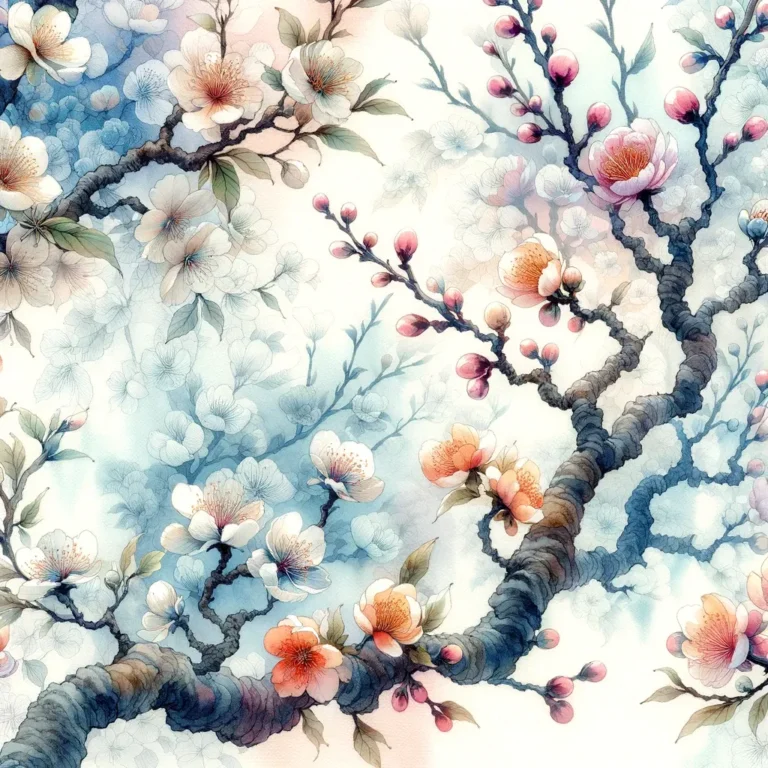 A watercolor concept pattern illustrating the flowering of a tree, rich in variance and executed in a Japanese style