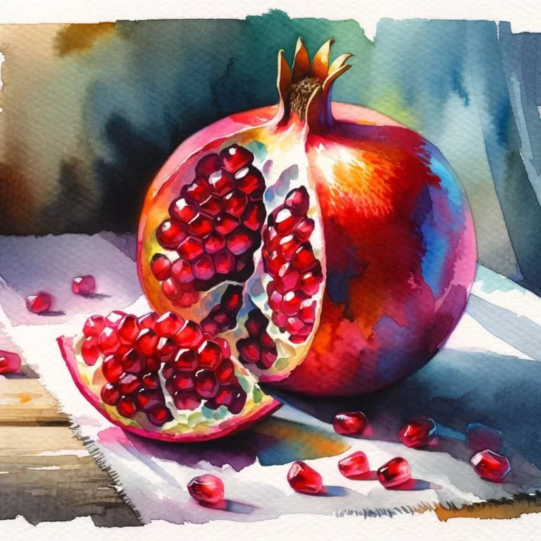 A watercolor painting of a vibrant pomegranate resting on a table, using a colorful palette with sharp contrasts