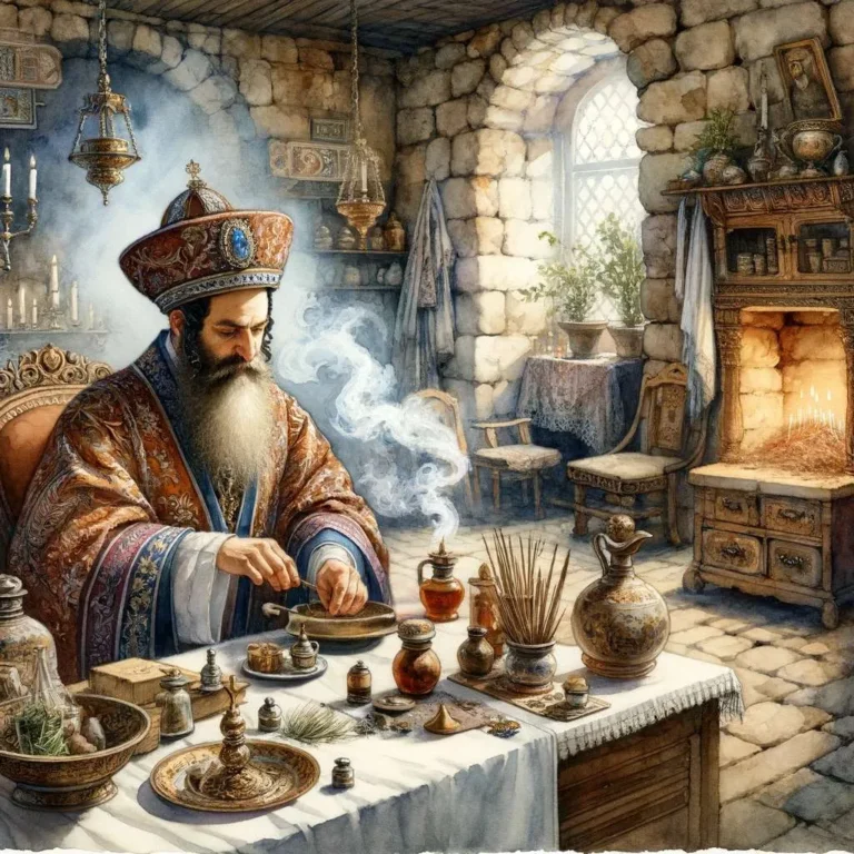 A watercolor painting of an ancient Jewish man in royal garb preparing the holy incense in his house