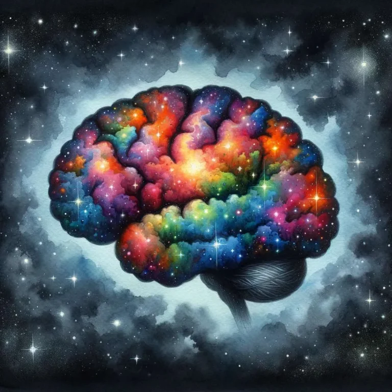 A watercolor painting that conceptually represents a brain in a starry sky, filled with vibrant and colorful expression