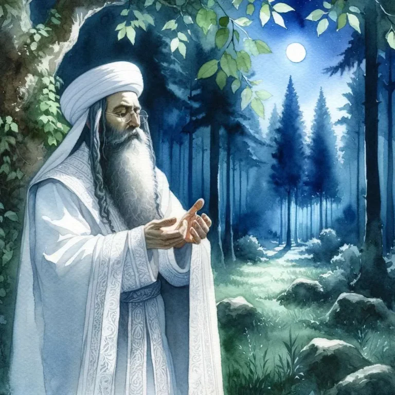 A watercolor painting variation showing the ancient Jewish scholar in the forest at night, this time wearing a small white yarmulke along with his whi