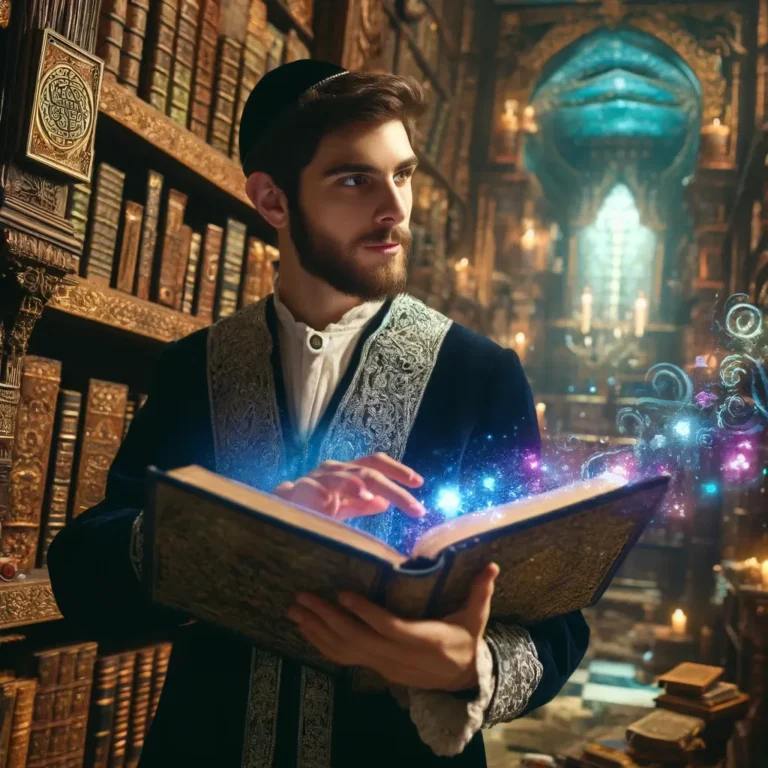 A young Jewish man, with a short beard and traditional attire, stands in a grand, mystical library filled with ancient tomes and artifacts